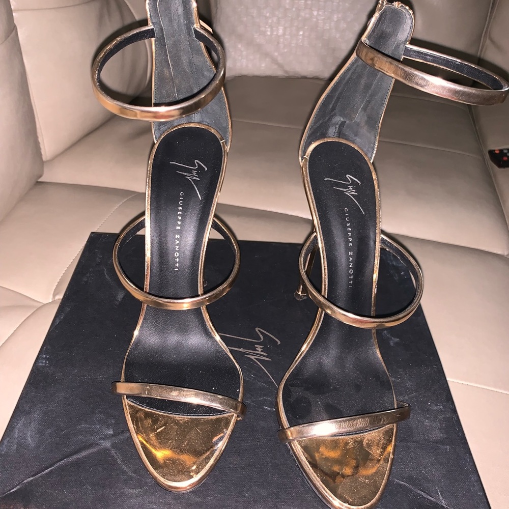 Gold giuseppe zanotti 3 strap heel sandals